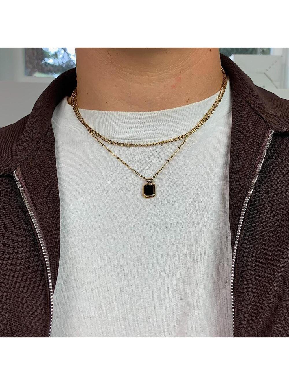 Vintage Style Classy Figaro Gold Chain Black jewel opal pendant necklace. Gold